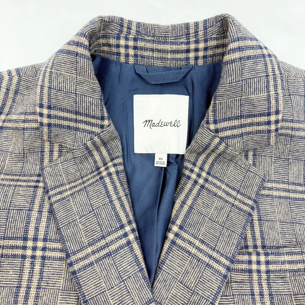 Madewell Larsen Blazer in Glen Plaid Indigo Blue Tan Academia Office Career Wool